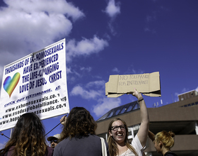 Students protest man preaching on Waverly