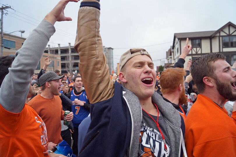 Syracuse University students celebrate at Castle Court before Final Four game